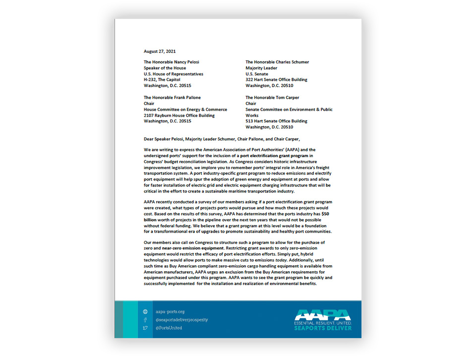 Port Electrification Letter to Congress