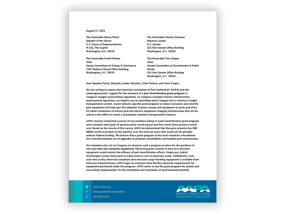 Port Electrification Letter to Congress AAPA POWERS Program