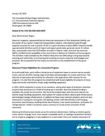 AAPA Comment on $3 Billion EPA Port Grant Program